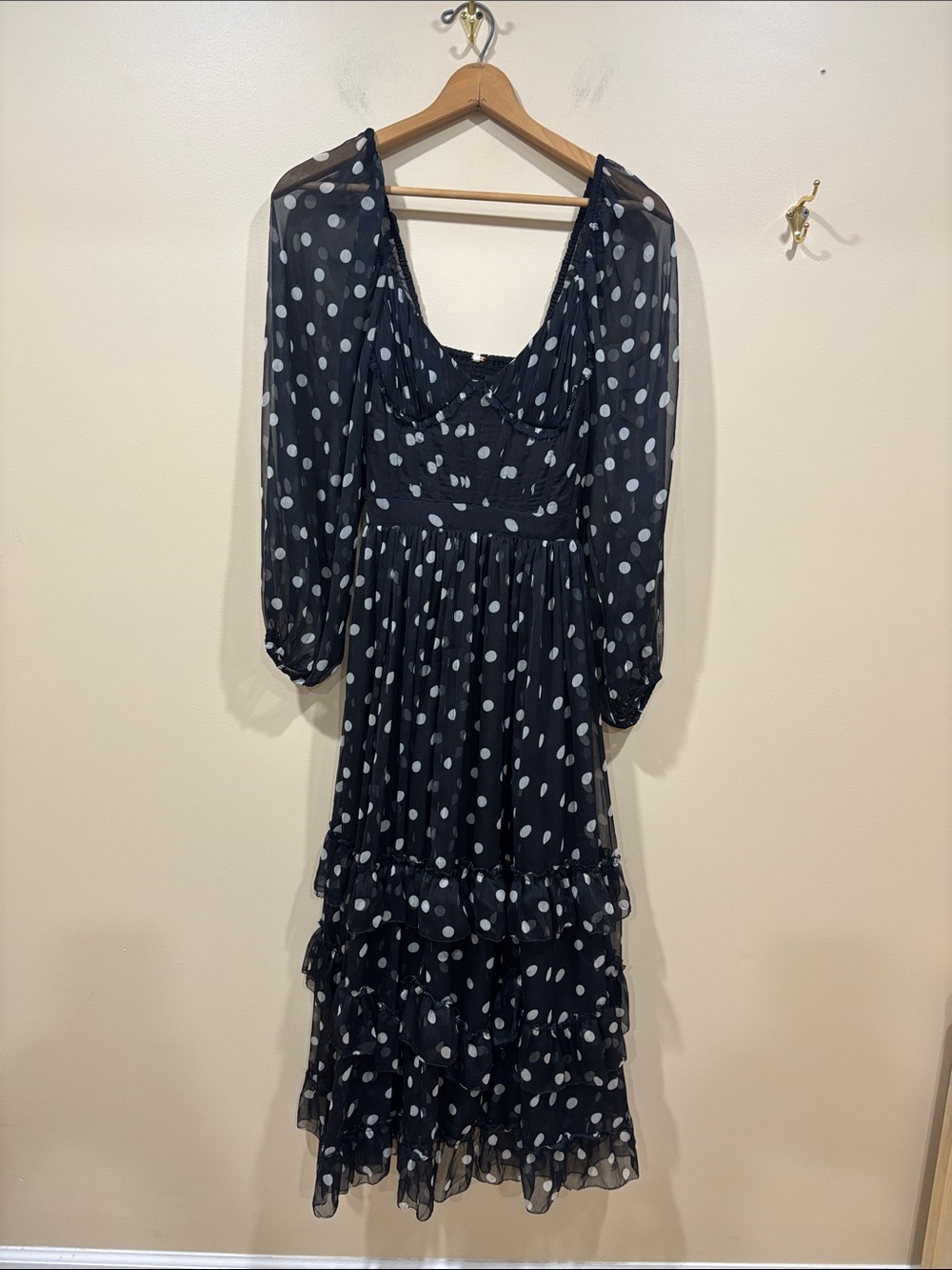 NWT Free People Polka Dot Long Sleeve Maxi Dress Black Size Small - Picture 4 of 16